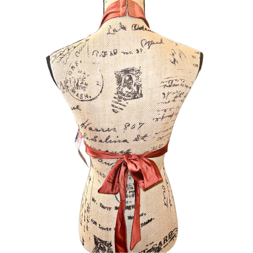 Upscale Shiny Satin Copper Tie Front Apron Halter Top - Picture 4 of 14